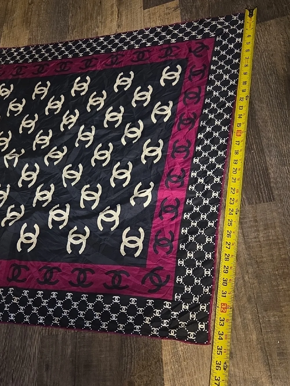 Chanel CC Monogram Navy Blue, White, Purple Silk Scarf 34x34 Inches - Picture 4 of 17